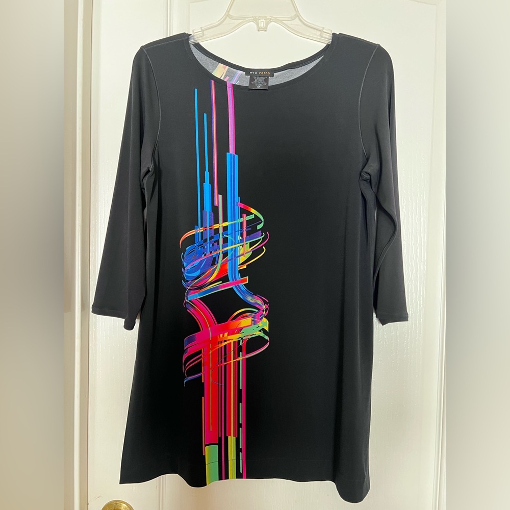 Eva Varro Artsy Black Tunic with Colorful Abstract Graphic